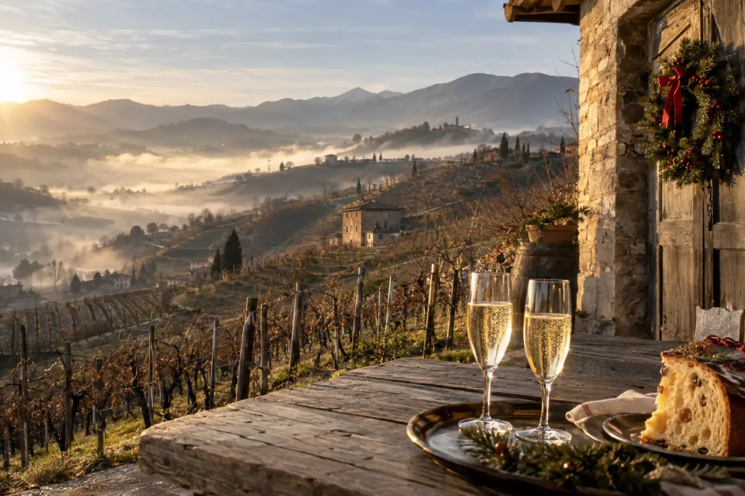 Vigneti collinari in inverno con la nebbia nelle valli, una casa in pietra con una corona di Natale e calici di spumante accanto a una fetta di panettone