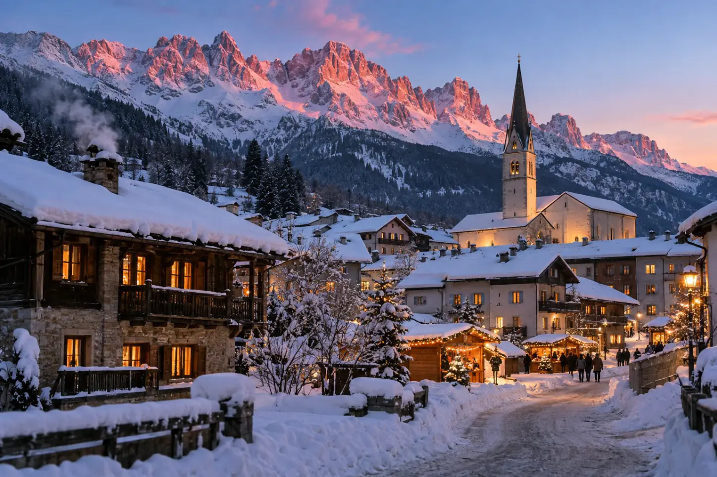 Un villaggio di montagna delle Dolomiti venete sotto la neve, con la chiesa dal campanile a guglia, le baite illuminate, un piccolo mercatino e le cime rosate al tramonto