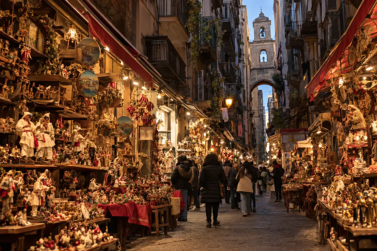 Via San Gregorio Armeno a Napoli con le botteghe dei presepi, le statuine e i pastori esposti, tra i visitatori