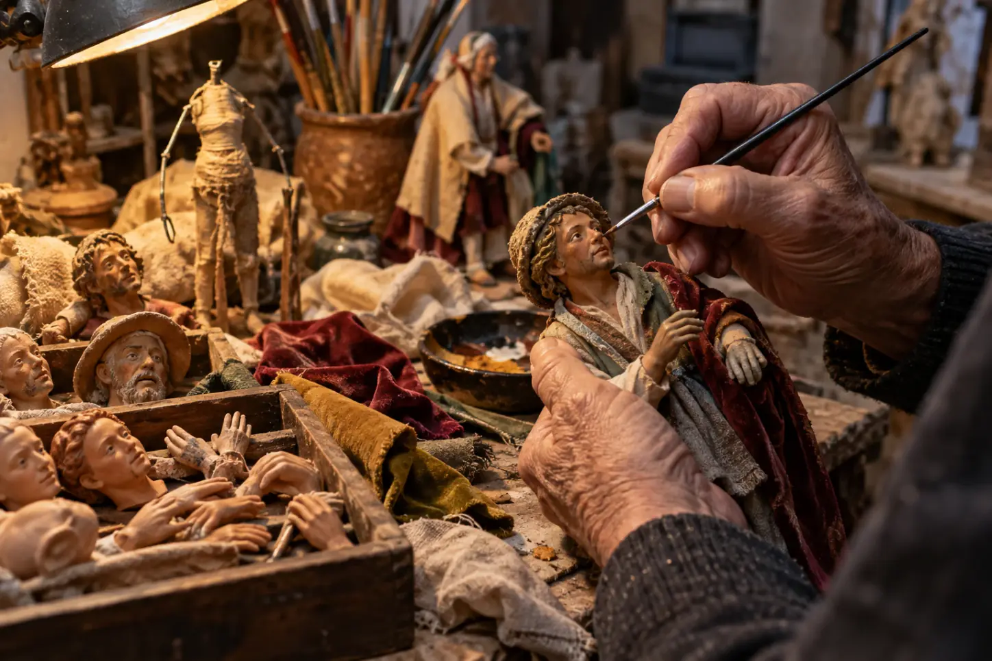 Un artigiano napoletano dipinge a mano un pastore del presepe nel suo laboratorio, tra statuine di terracotta e abiti in stoffa