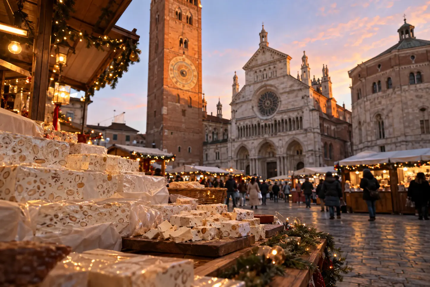 Bancarella di torrone in Piazza del Comune a Cremona, con il Torrazzo, la cattedrale e il battistero illuminati