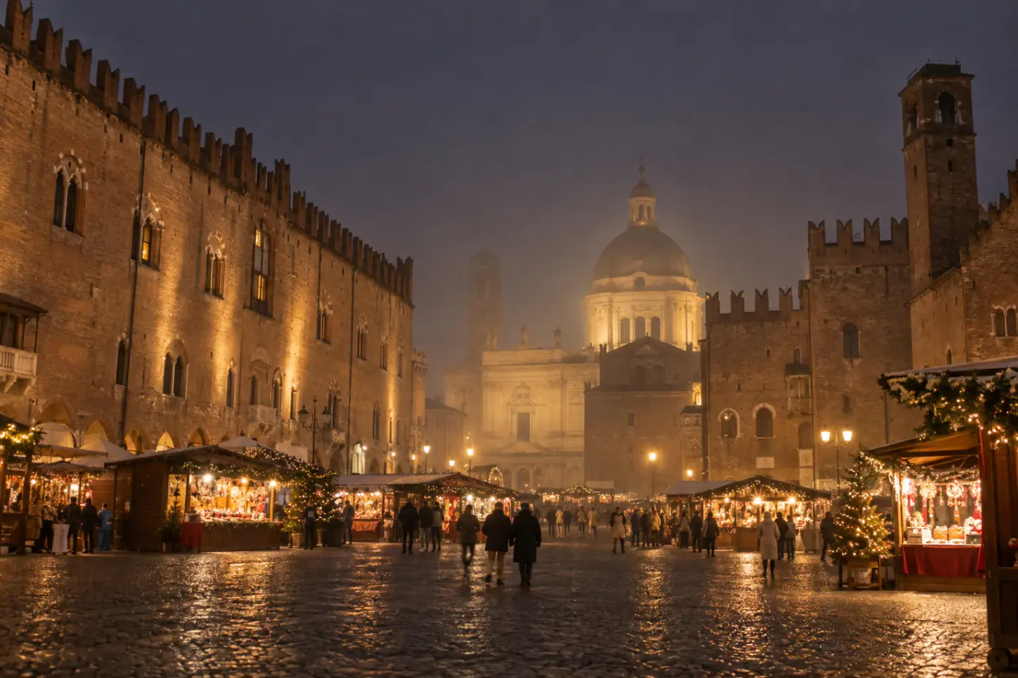 Casette del mercatino di Natale in Piazza Sordello a Mantova, davanti alla facciata merlata del Palazzo Ducale, con foschia serale