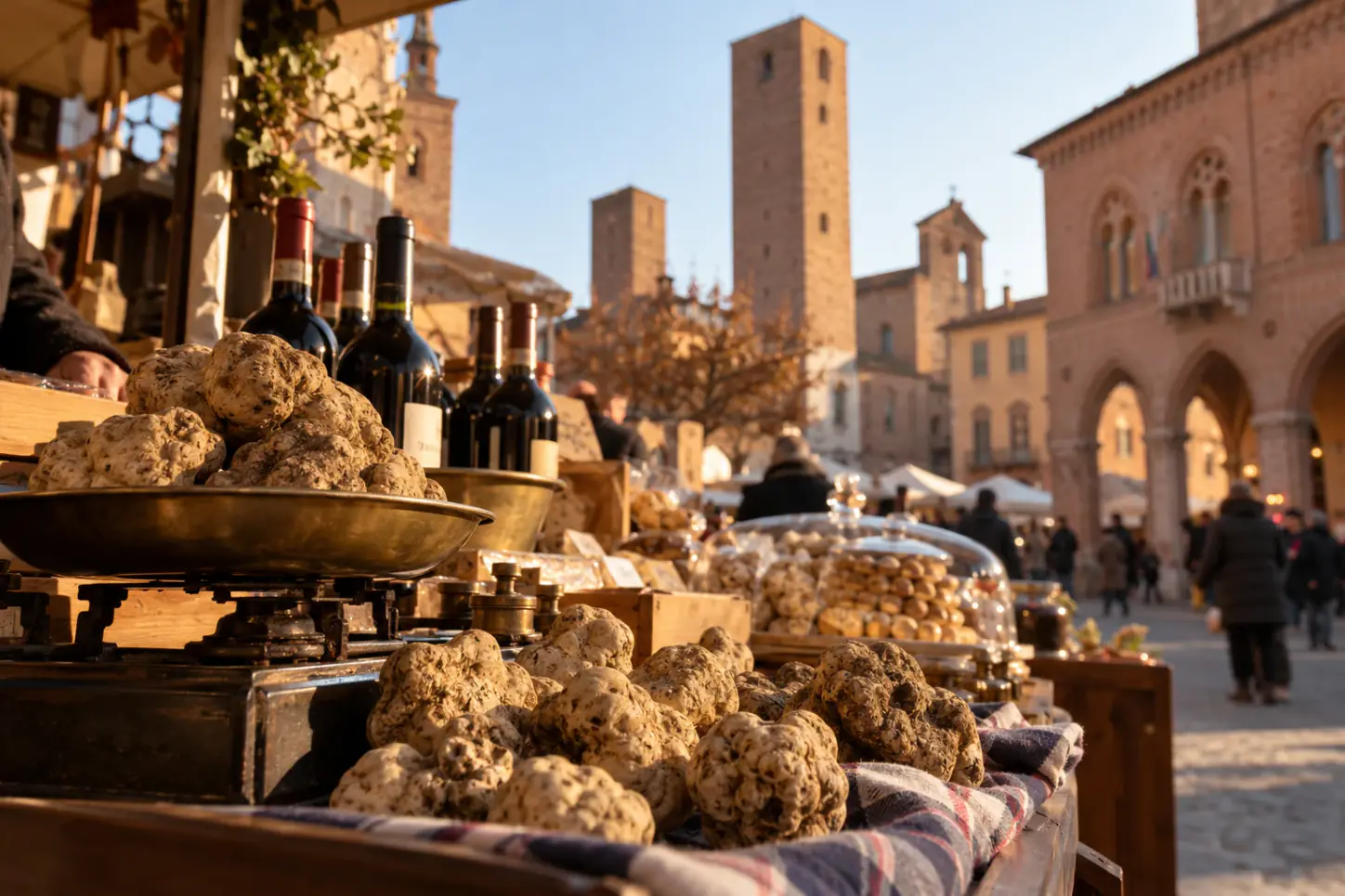 Banco con tartufi bianchi d'Alba, bottiglie di vino e dolci alla nocciola nel centro storico di Alba, con le torri medievali sullo sfondo