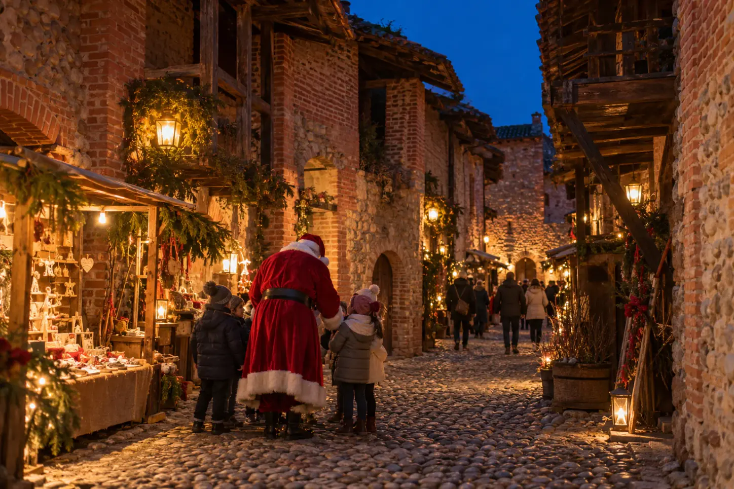 Il Ricetto medievale di Candelo a Natale, con le stradine acciottolate tra le cantine in mattoni, le lanterne e Babbo Natale che saluta i bambini