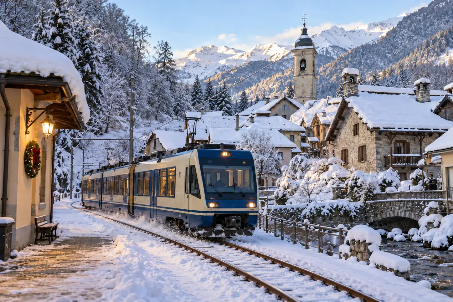 Il treno della Vigezzina che attraversa un paese innevato della Valle Vigezzo, tra case in pietra, campanile e montagne